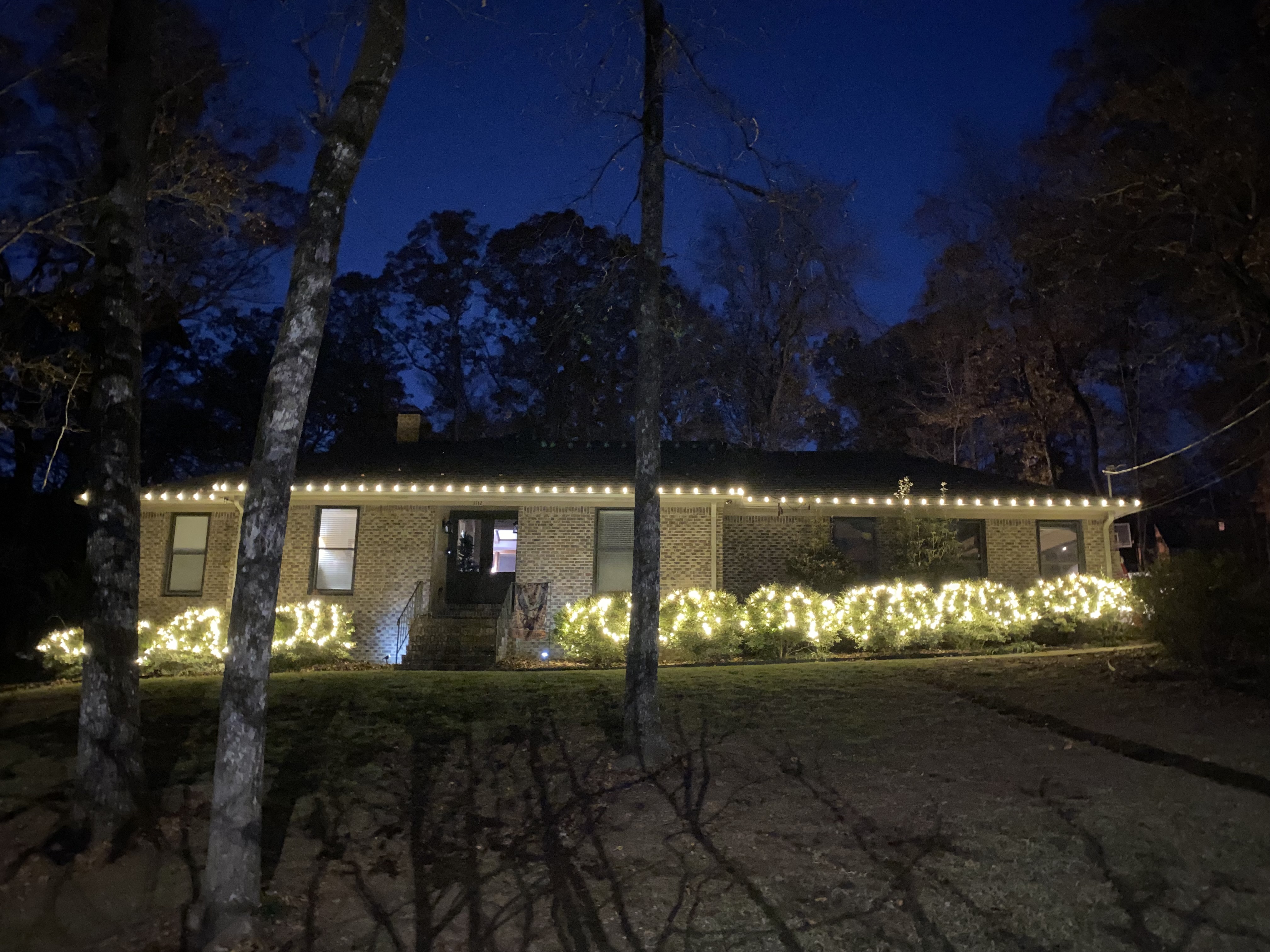 Brick ranch with warm amber lights and wrapped shrubs at blue hour